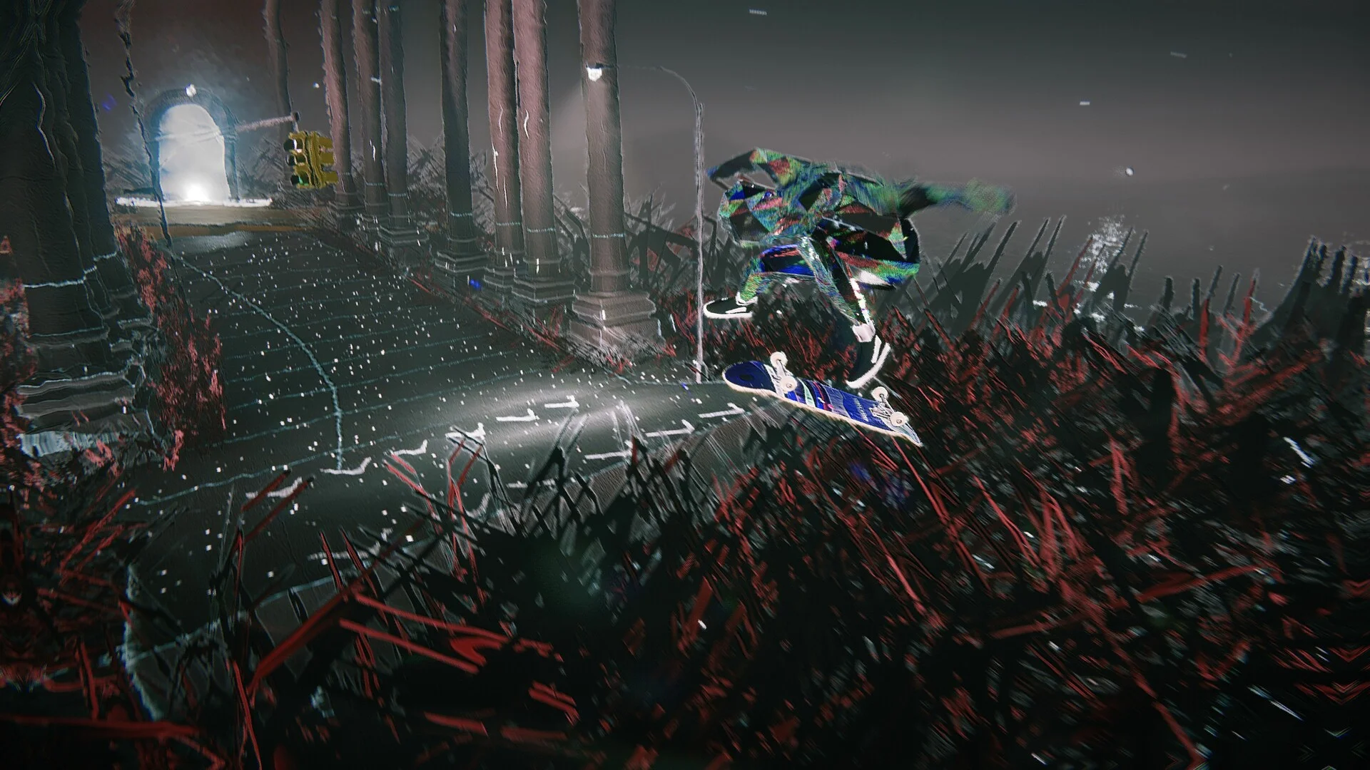 A skater jumping a board over red crystal spikes