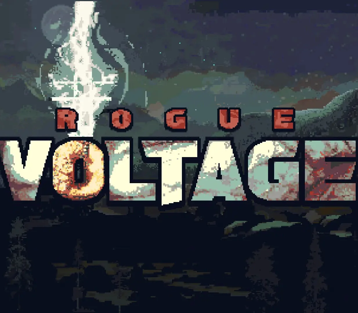 Rogue Voltage cover: pixel lightning over night mountains, ROGUE VOLTAGE title with cracked letters