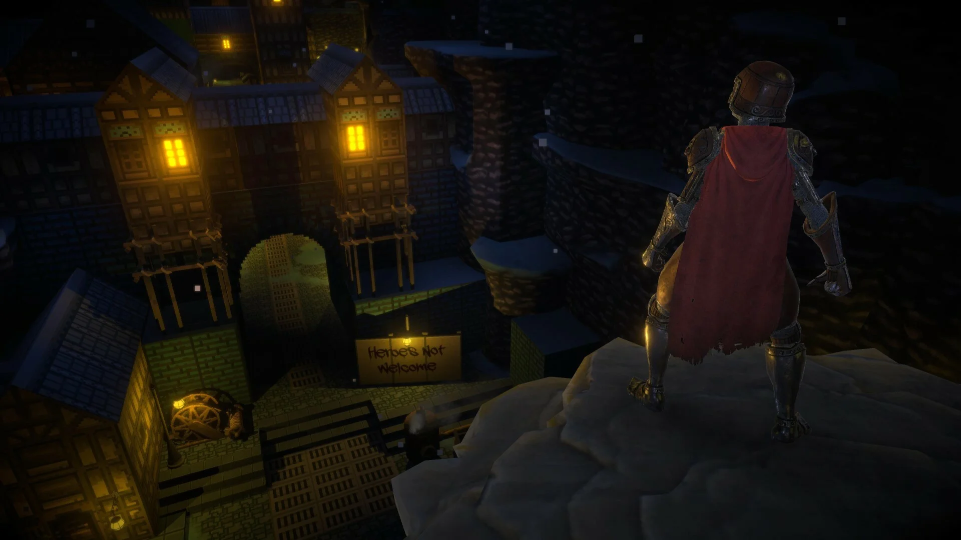 Red-cape knight on a cliff over a town, banner Heroes Not Welcome on the street below