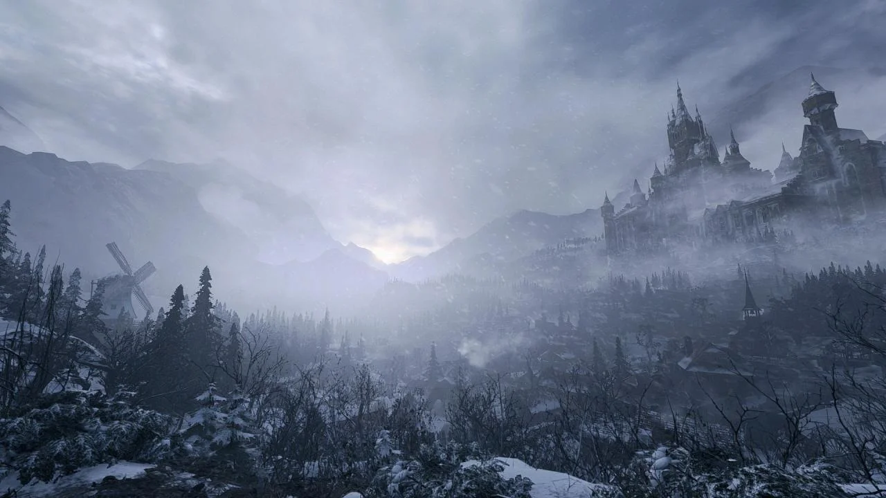 Resident Evil Village first-person Ethan Winters in snowbound streets