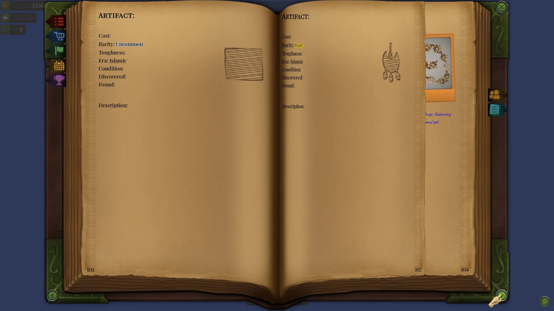 Open journal, Uncommon versus Rare Islamic artifacts, gold wreath photo on the right page