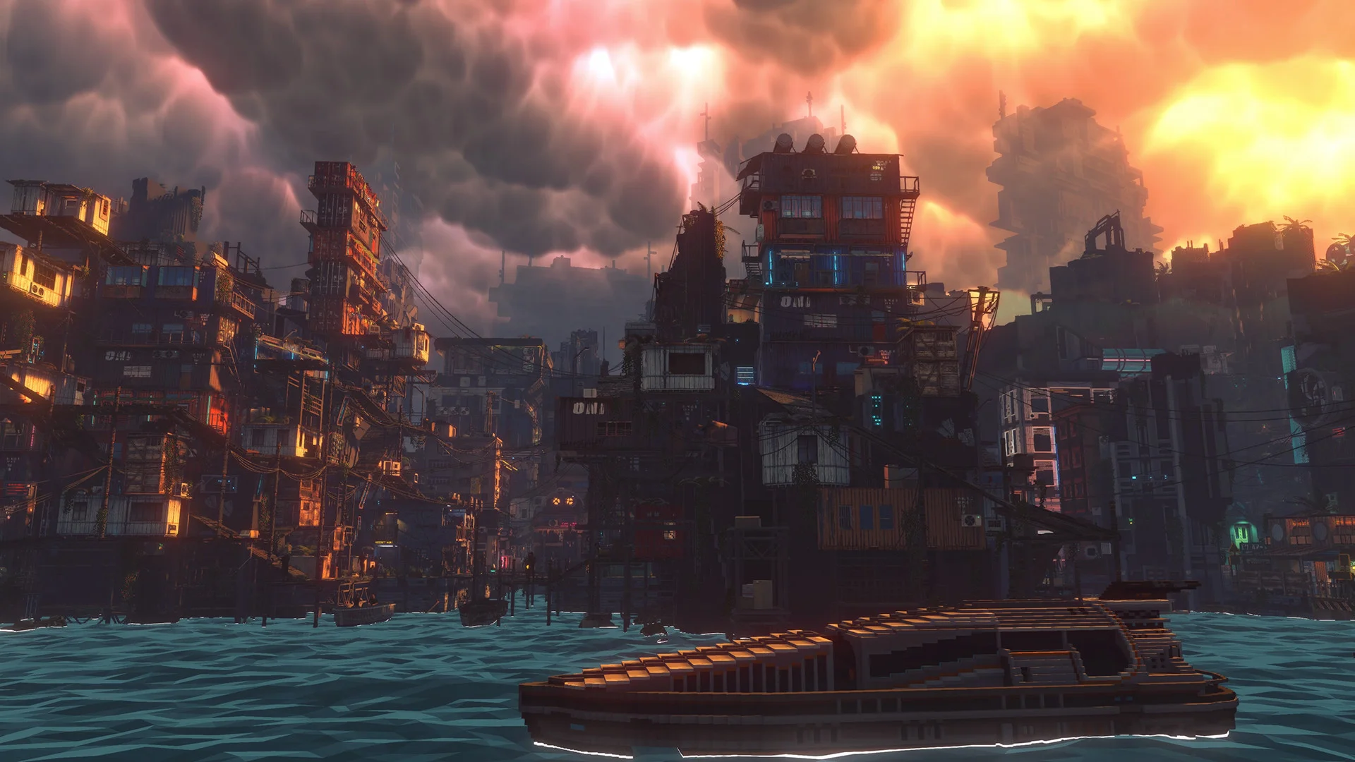 Long harbour boat on teal water, stacked container houses, orange storm clouds over the city