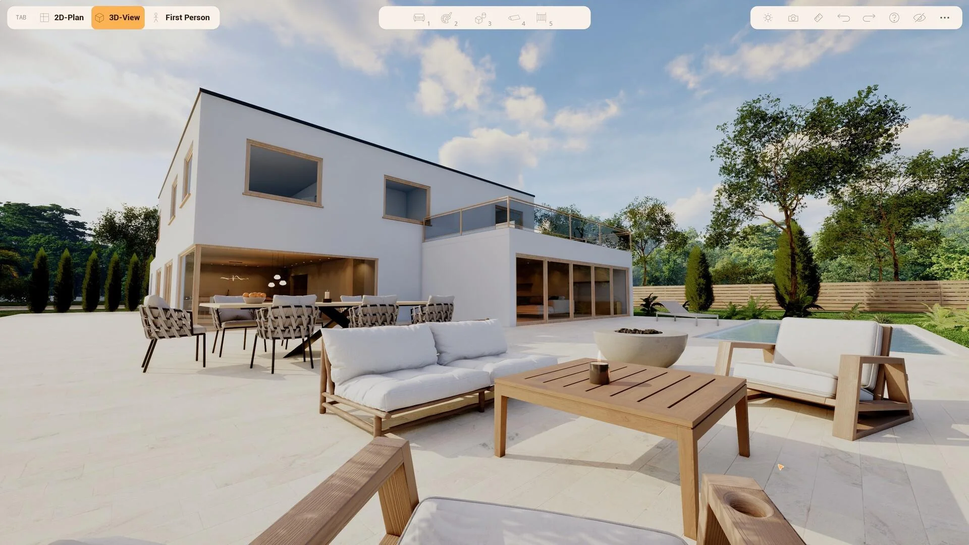 White two-storey house, patio sofas, fire bowl, pool, First Person tab