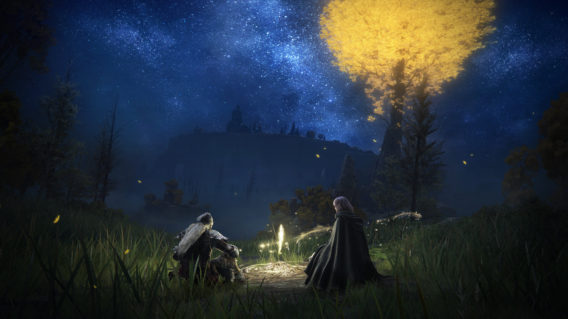 Tarnished rests at a Site of Grace at night
