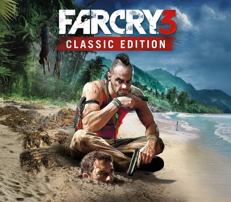 Okładka Far Cry 3 Classic Edition: Vaas z irokezem i pistoletem na plaży nad mężczyzną zakopanym w piasku