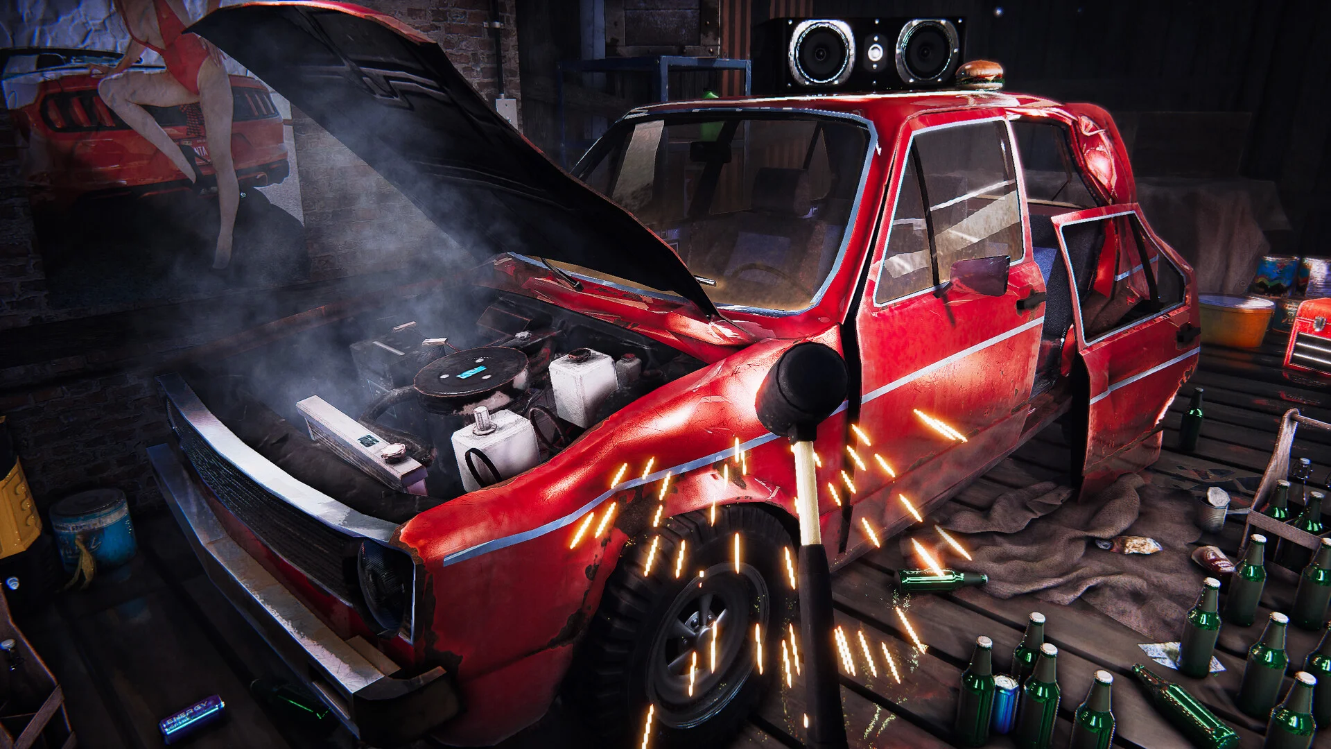 Red rusty hatchback on a garage lift, hood open, mallet sparks, beer bottles and a pin-up poster