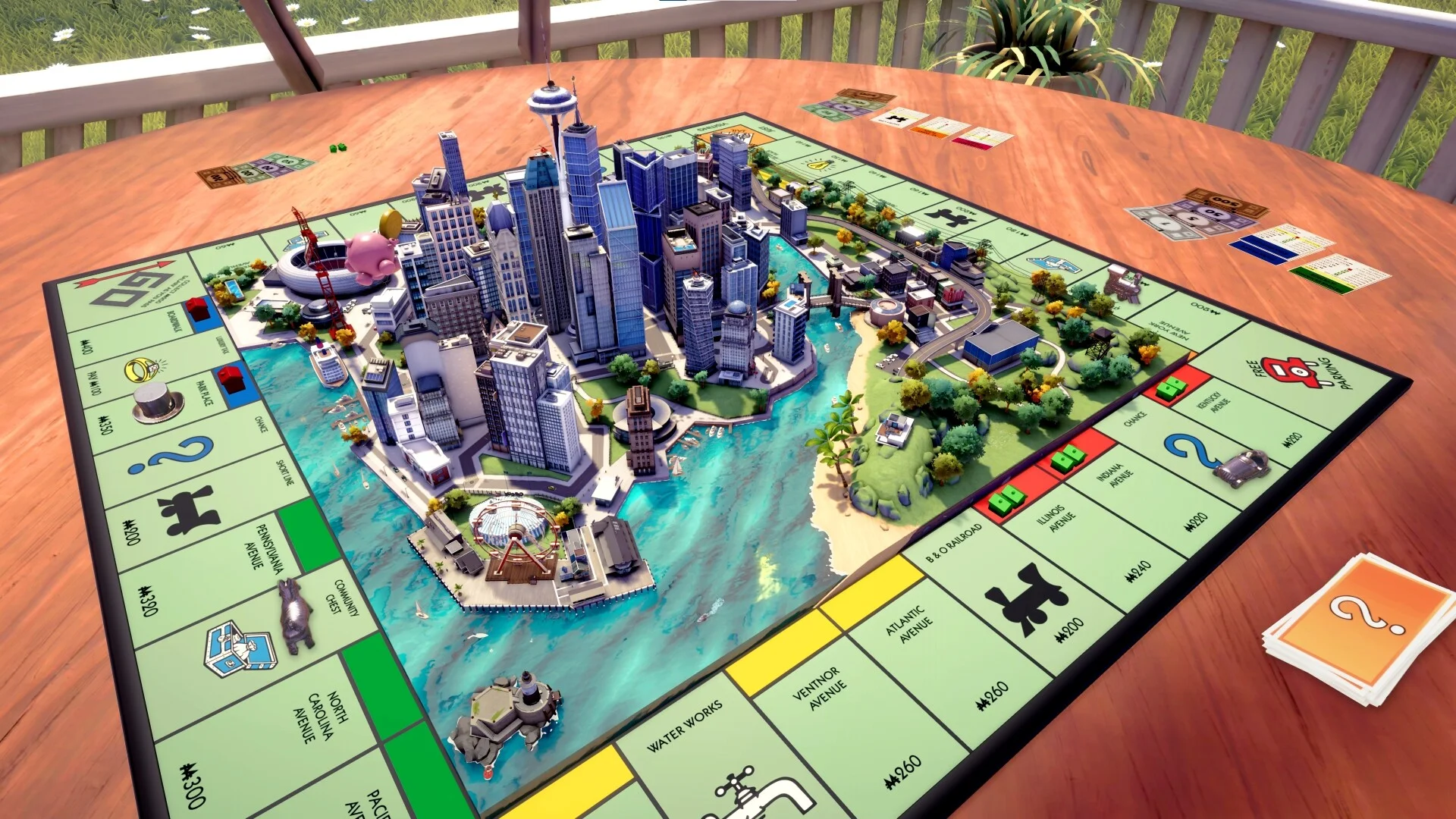 Overhead view of the 3D city Monopoly board with skyscrapers in the centre of the classic spaces