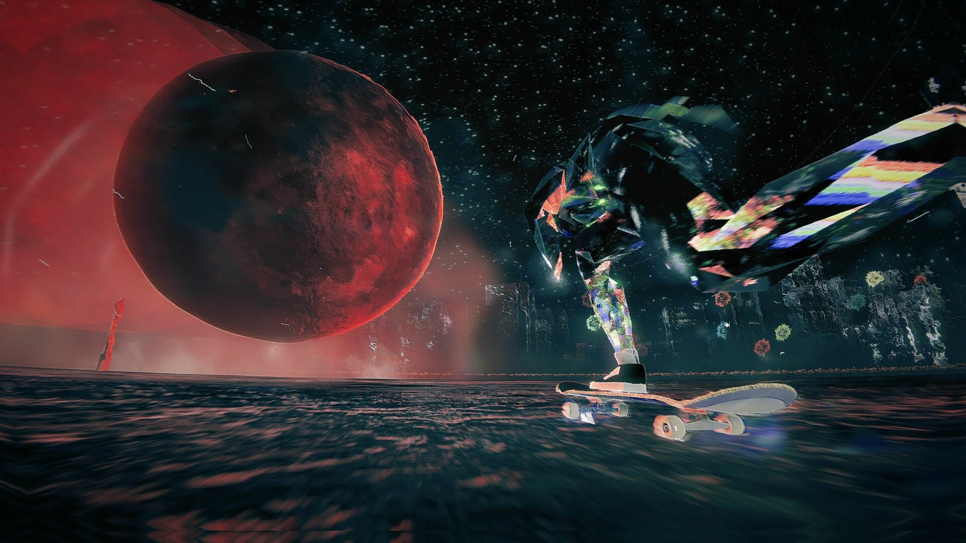 A glass skater on a board under a huge red moon
