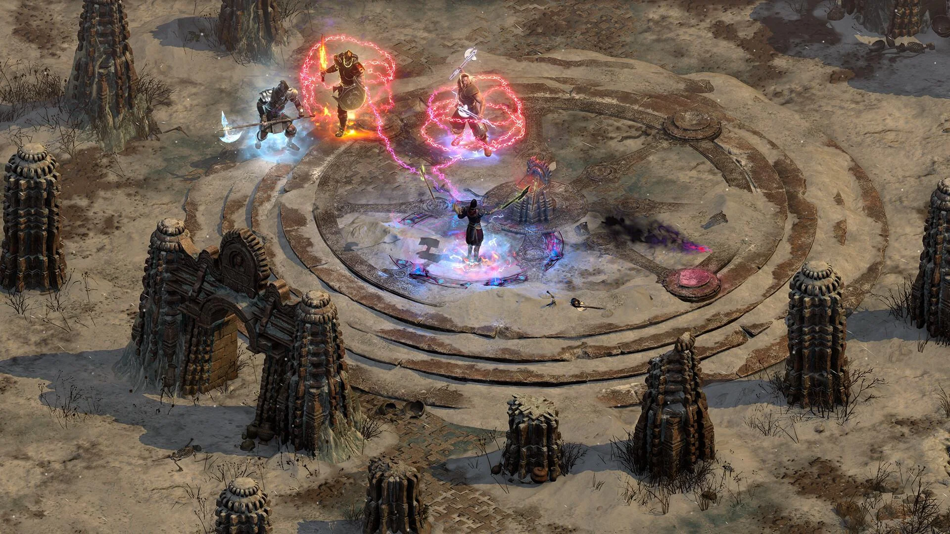 Four heroes fighting on a circular stone ring in snow