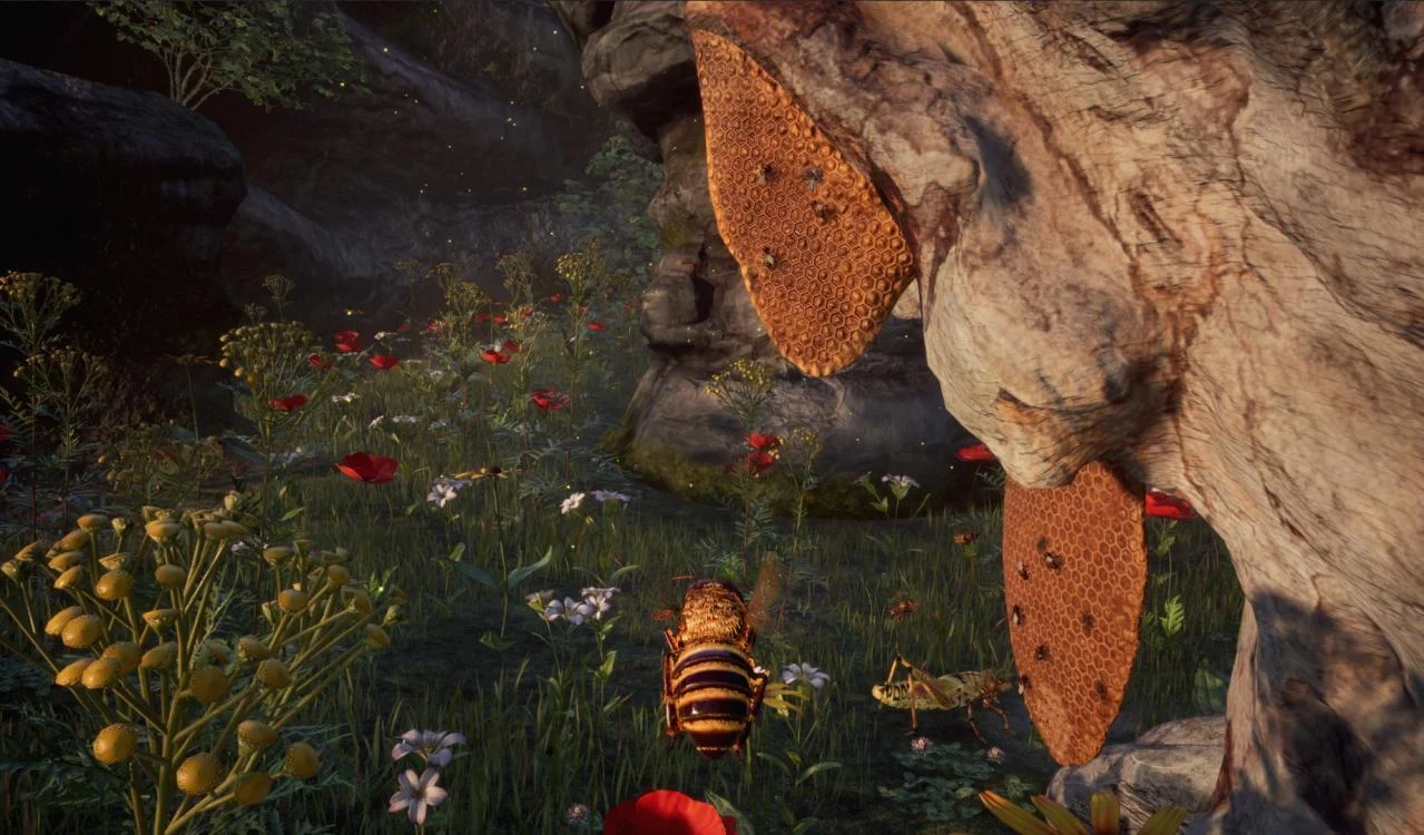 Bee Simulator honeybee flying through a sunlit park