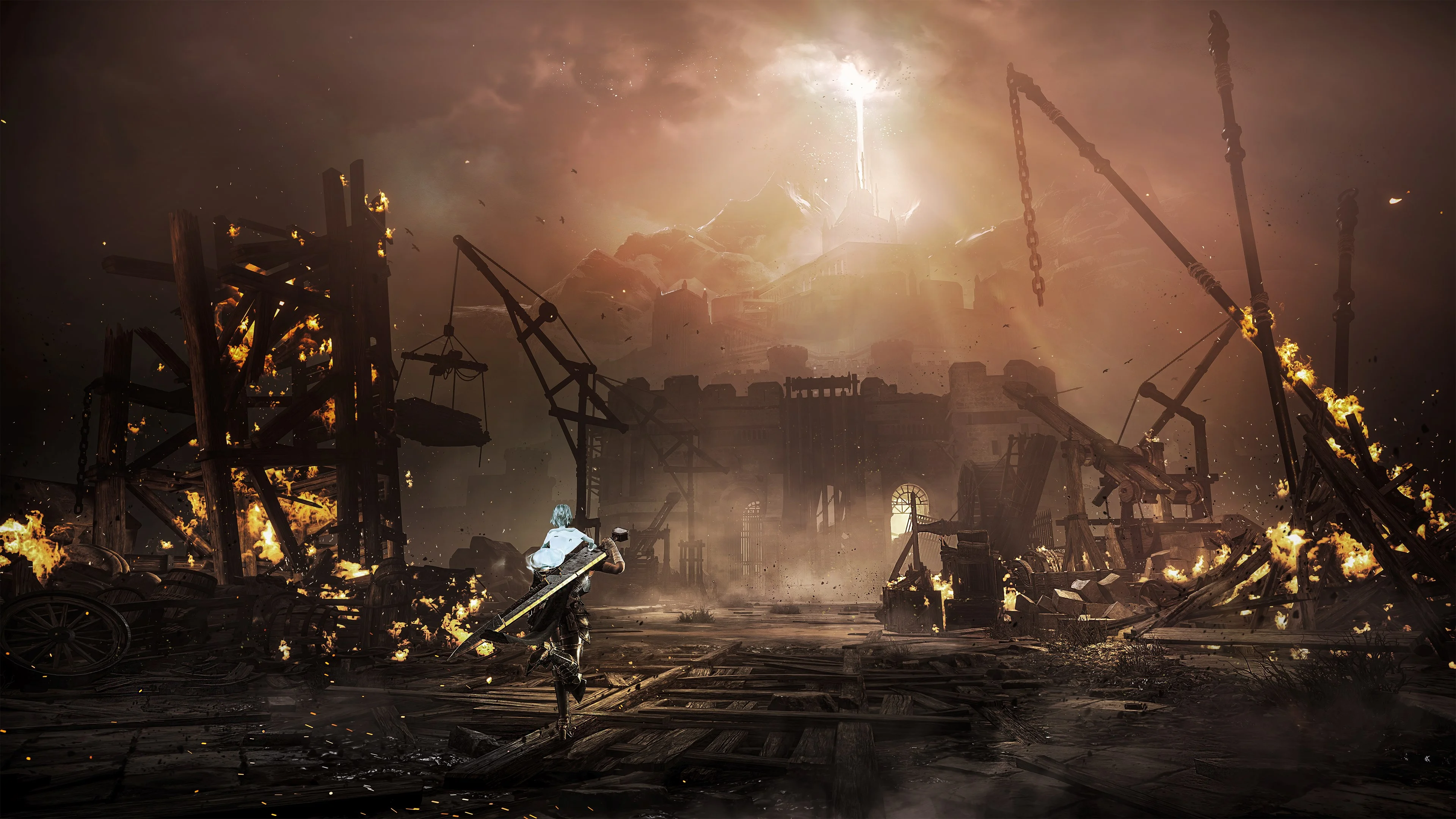 Briar walking a burning timber yard toward a fortress with a column of light in the sky