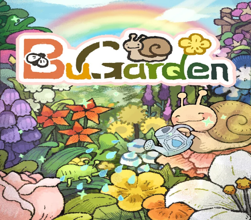 BuGarden logo above a smiling snail watering colourful flowers