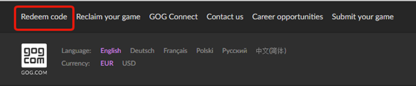 GOG.com redeem code tab