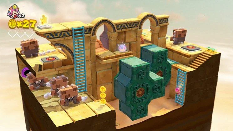 A stone fort diorama with ladders, a green block, and a Shy Guy.