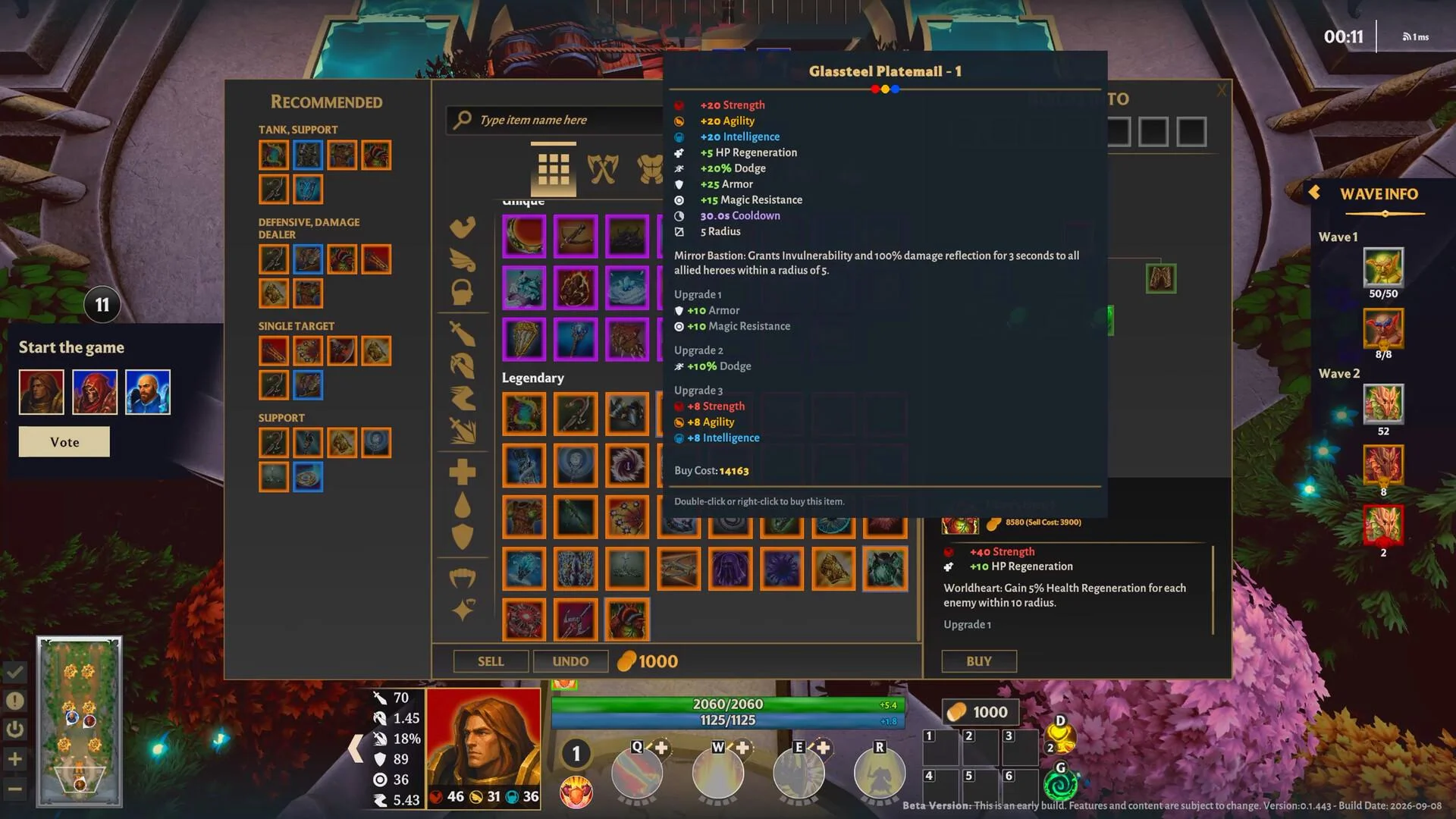 Item shop overlay showing Glassteel Platemail stats beside a three-portrait vote panel