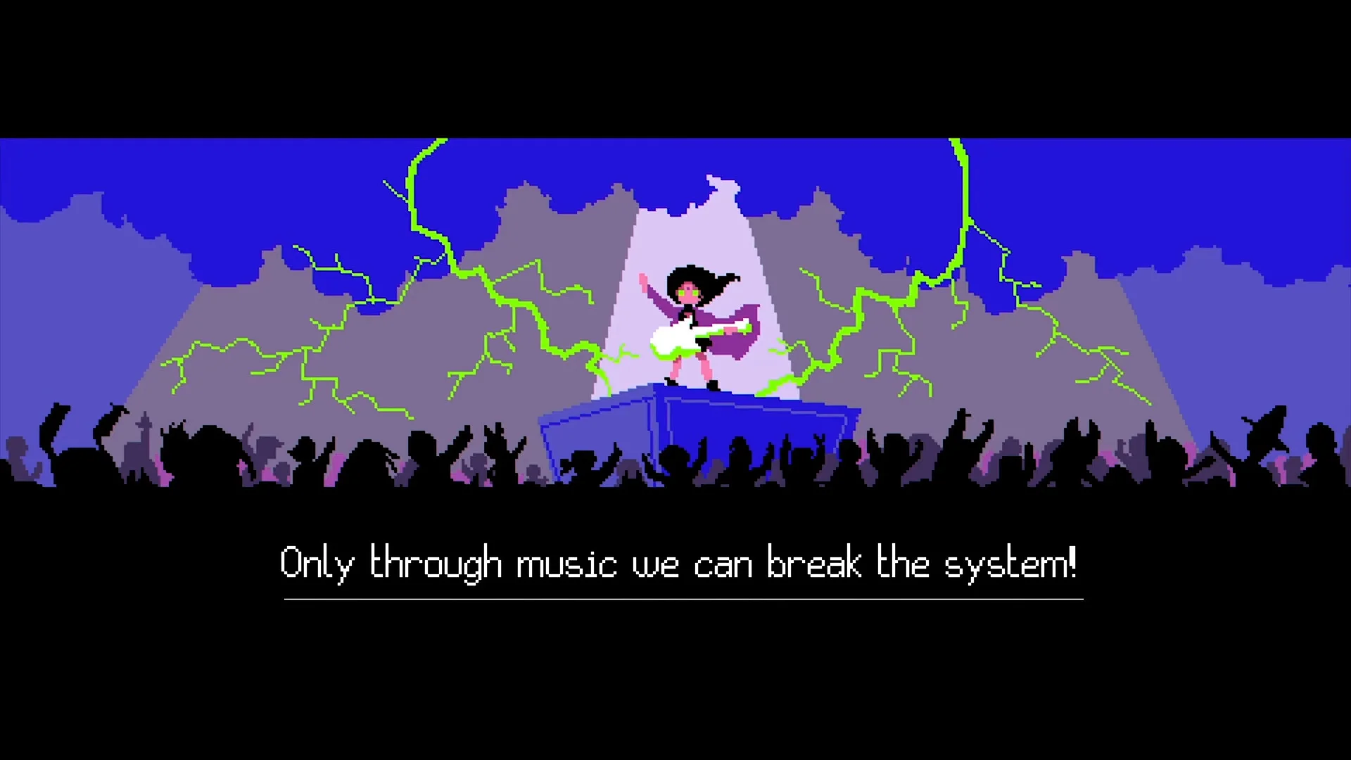 Concert silhouette: guitarist on a blue stage, green lightning, line Only through music we can break the system