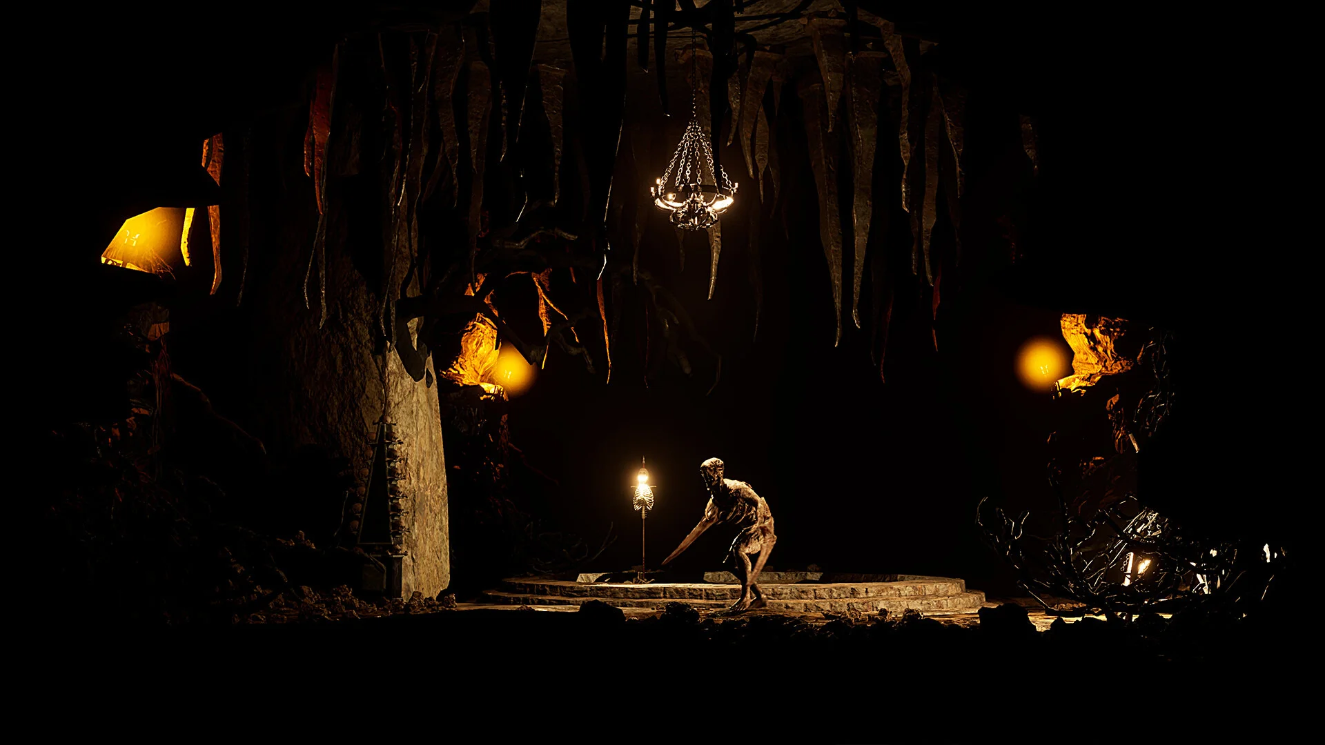 Dark cave with hanging roots, chandelier and yellow lamps, hunched creature reaching toward a floor lamp on a round dais