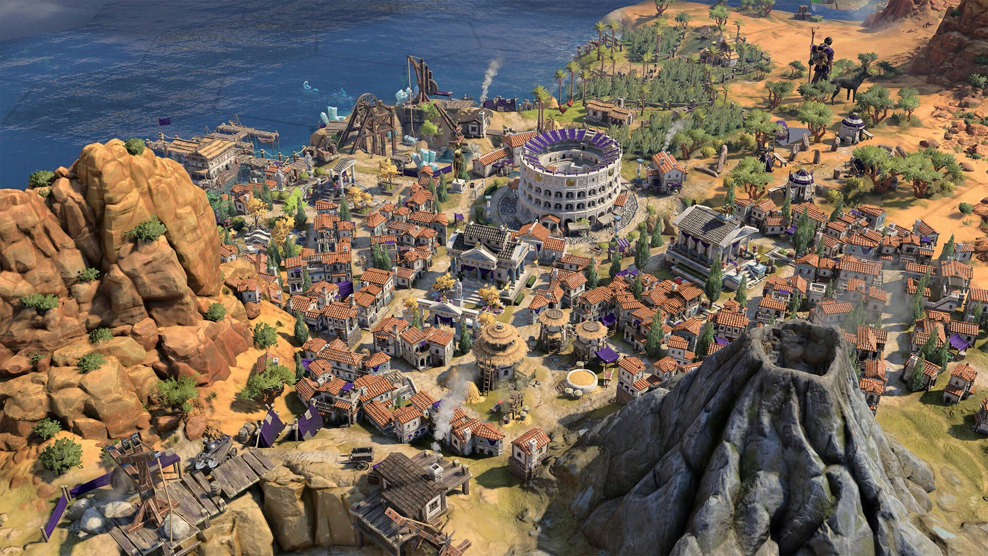 Coastal settlement with terracotta roofs, a pale colosseum, wooden cranes, and a dark volcano by the sea