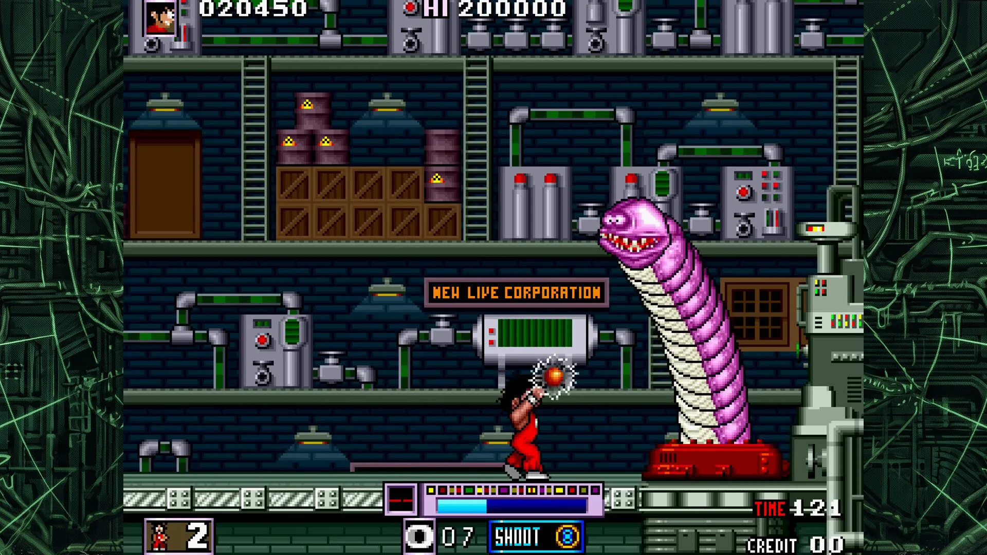 Pixel lab: red-suited hero firing an orange orb at a pink segmented worm rising from a red tank, New Live Corporation sign, barrels and pipes