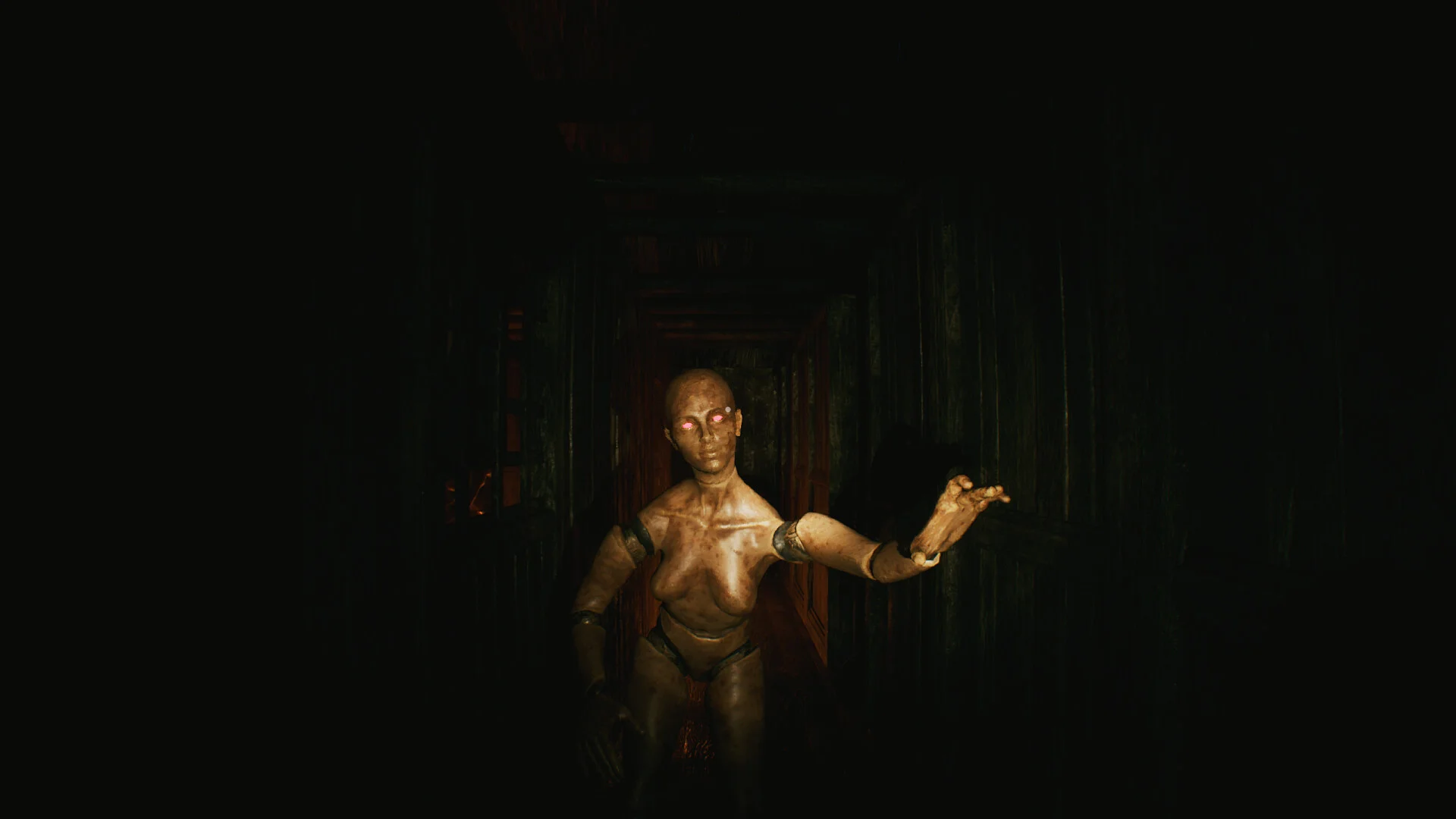 Gaunt folklore figure with glowing eyes reaching in a dark wooden corridor