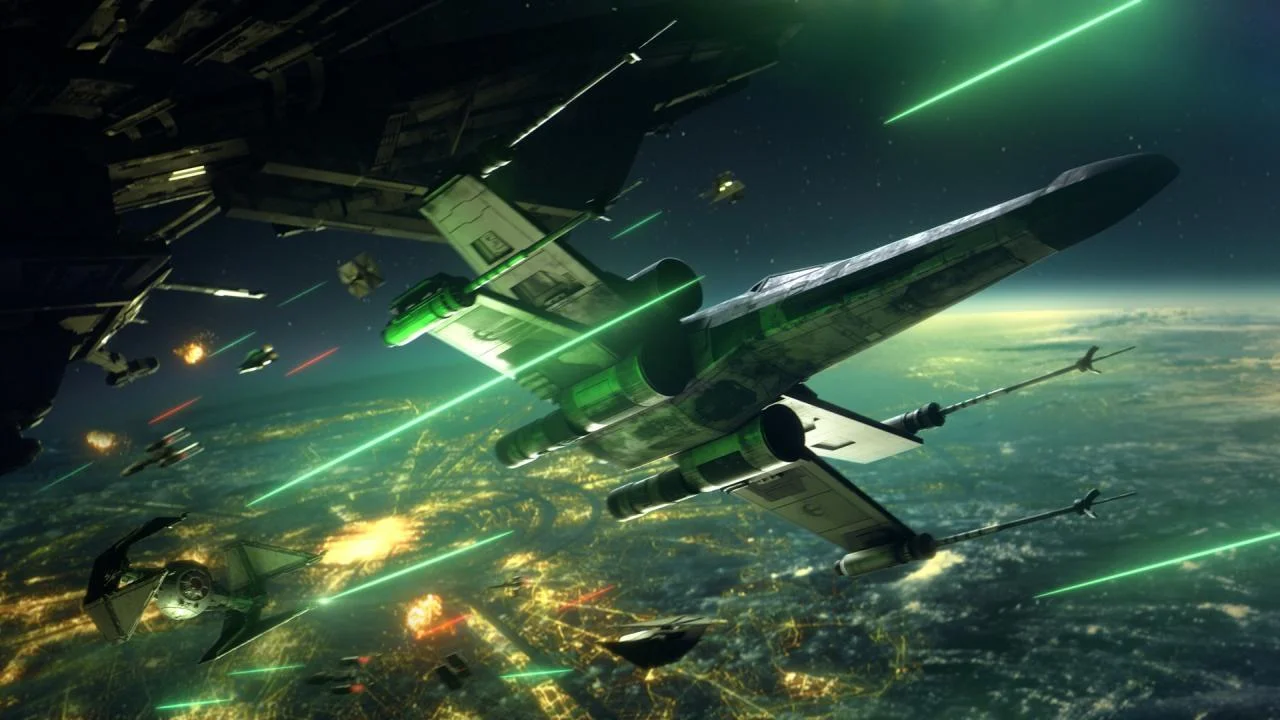 STAR WARS: Squadrons first-person TIE cockpit in a debris field