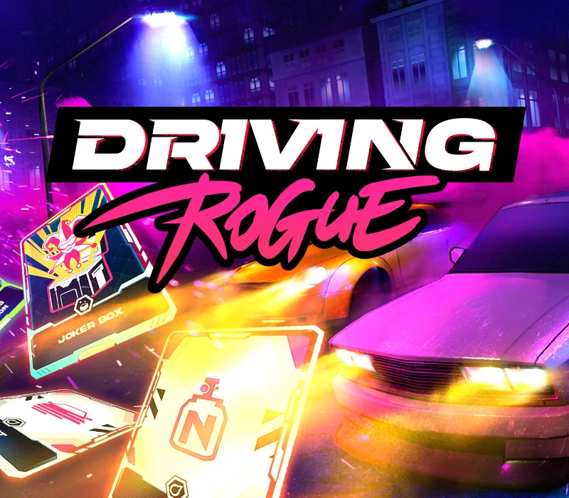 Driving Rogue logo above neon street cars and modifier cards