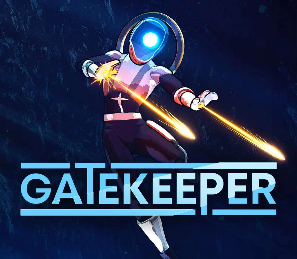 Gatekeeper cover: visored fighter firing two gold energy blades, GATEKEEPER title on dark blue