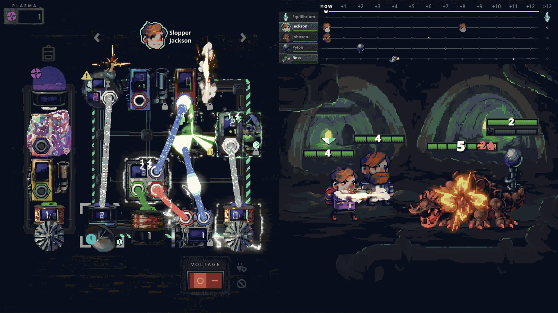 Slopper Jackson: blue-white energy pipes, two heroes versus a gold-clawed boss in a green cave