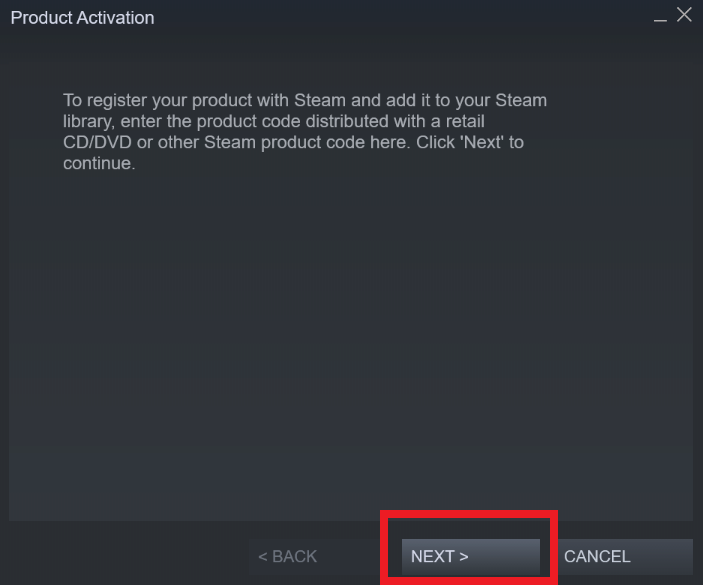 Steam Product Activation next button
