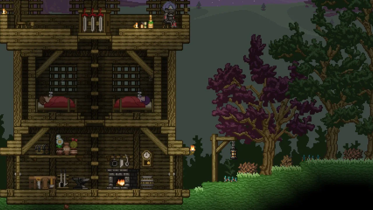Three-storey wooden cabin: sleeping tenants, fireplace, anvil, purple trees at dusk