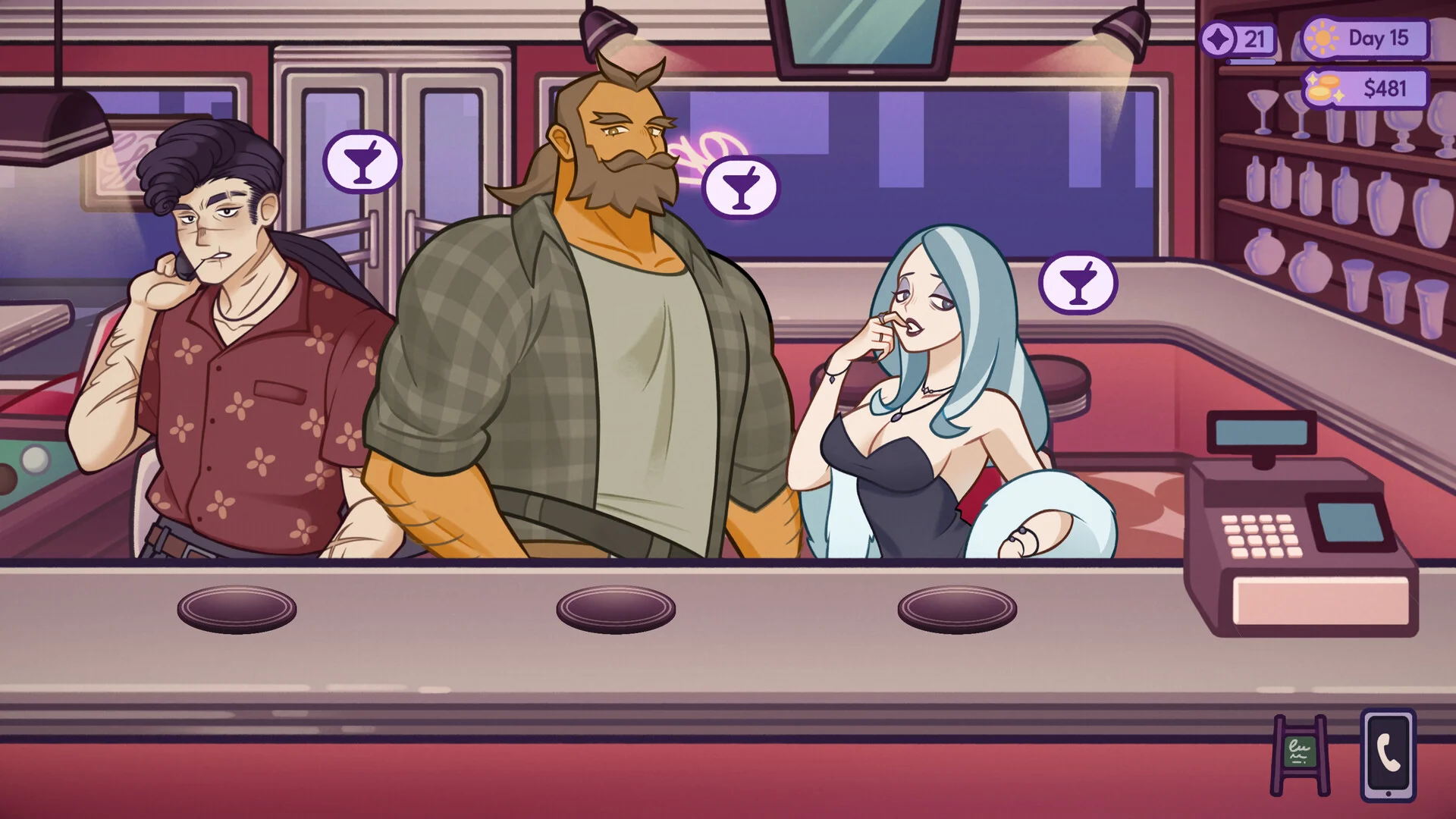 Three customers wait at the bar with drink order icons