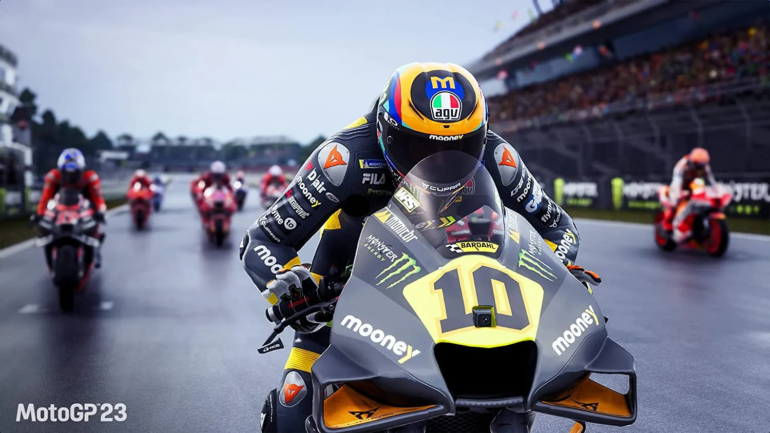 Two bikes racing in the rain, numbers 5 and 1 visible.