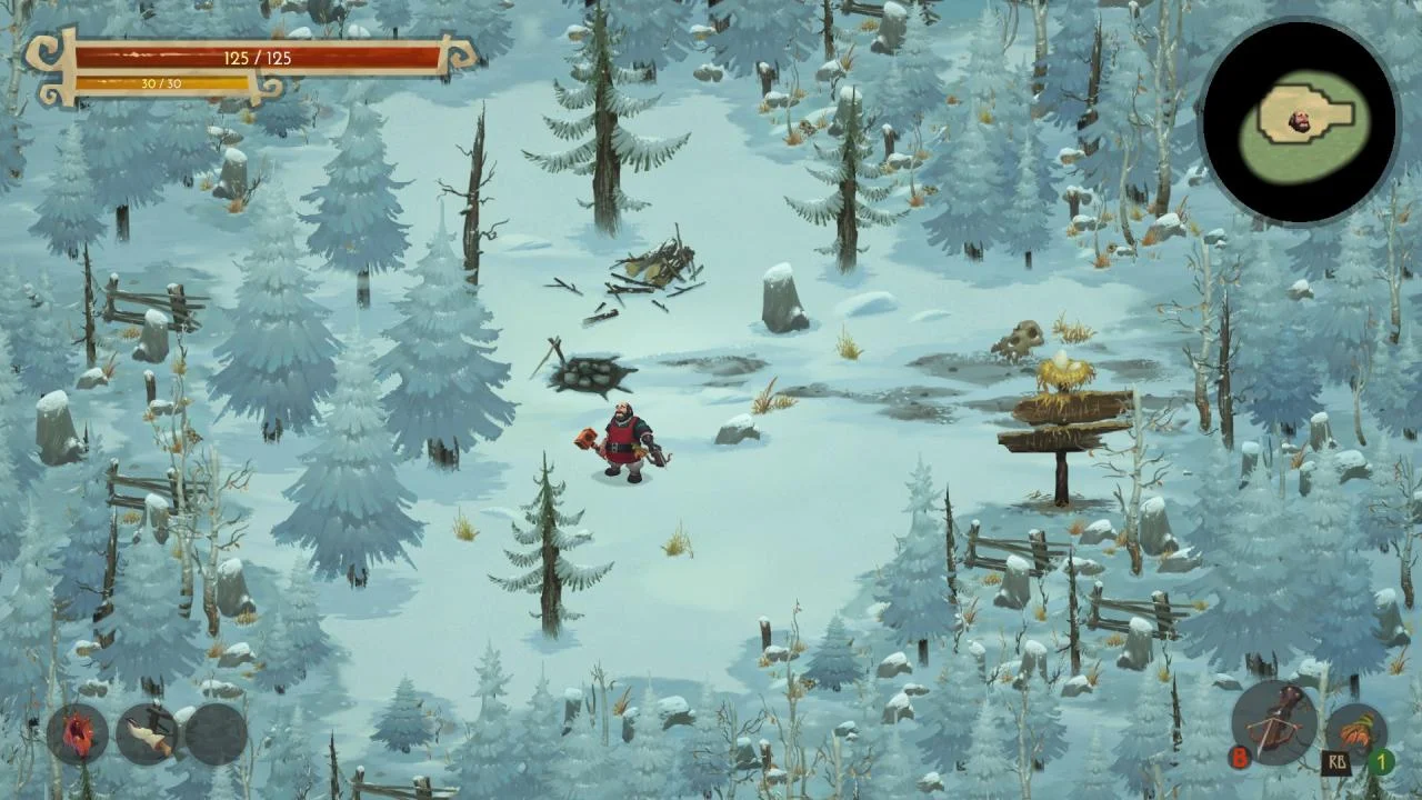 Snow forest: Ivan in a red vest among pines, health 125/125, circular mini-map