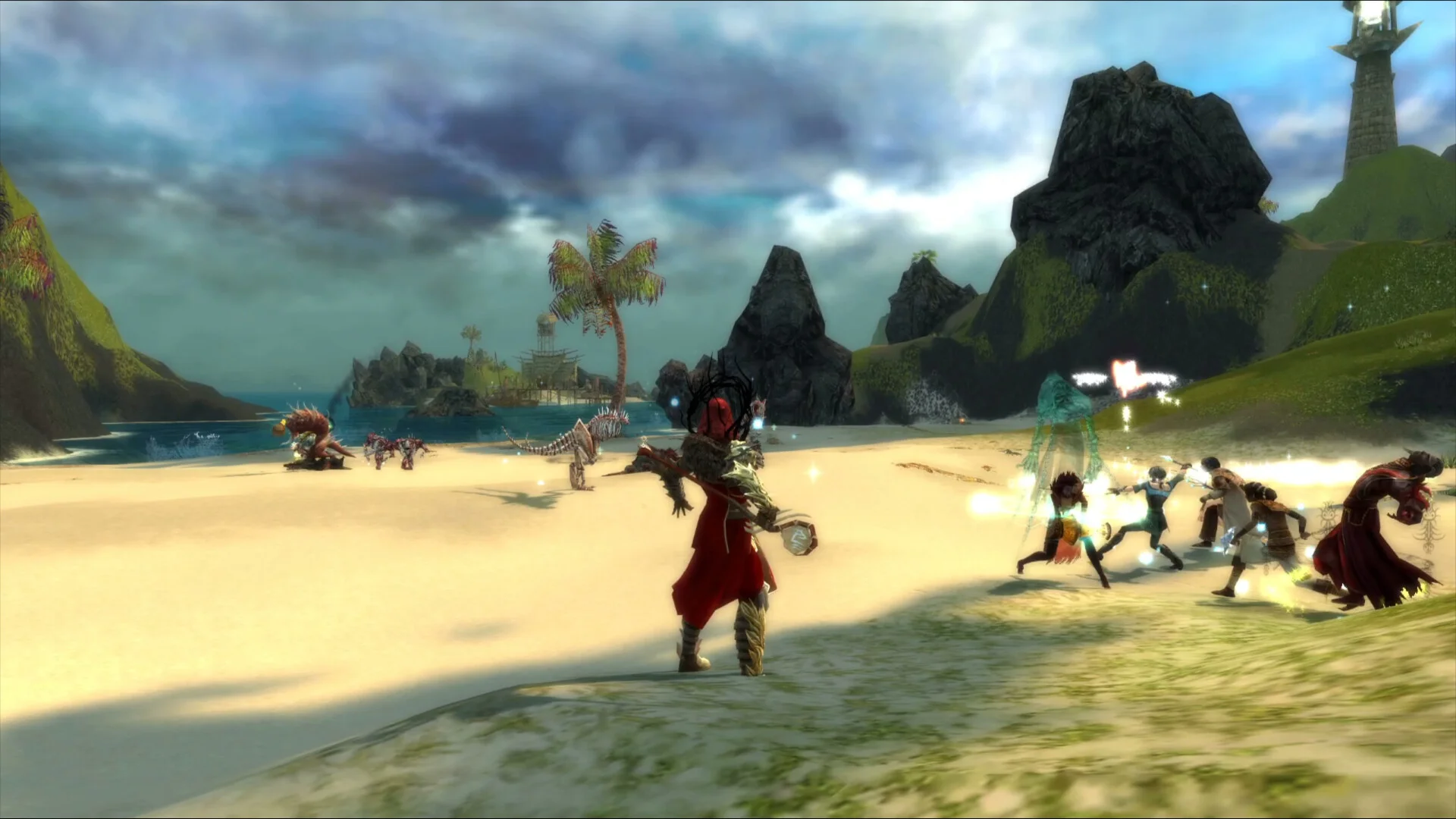 Characters on a tropical beach with ships and a stone head.