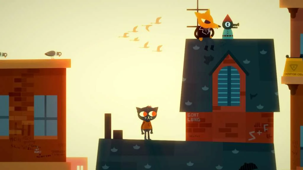 Mae on a rooftop while friends sit on the next roof