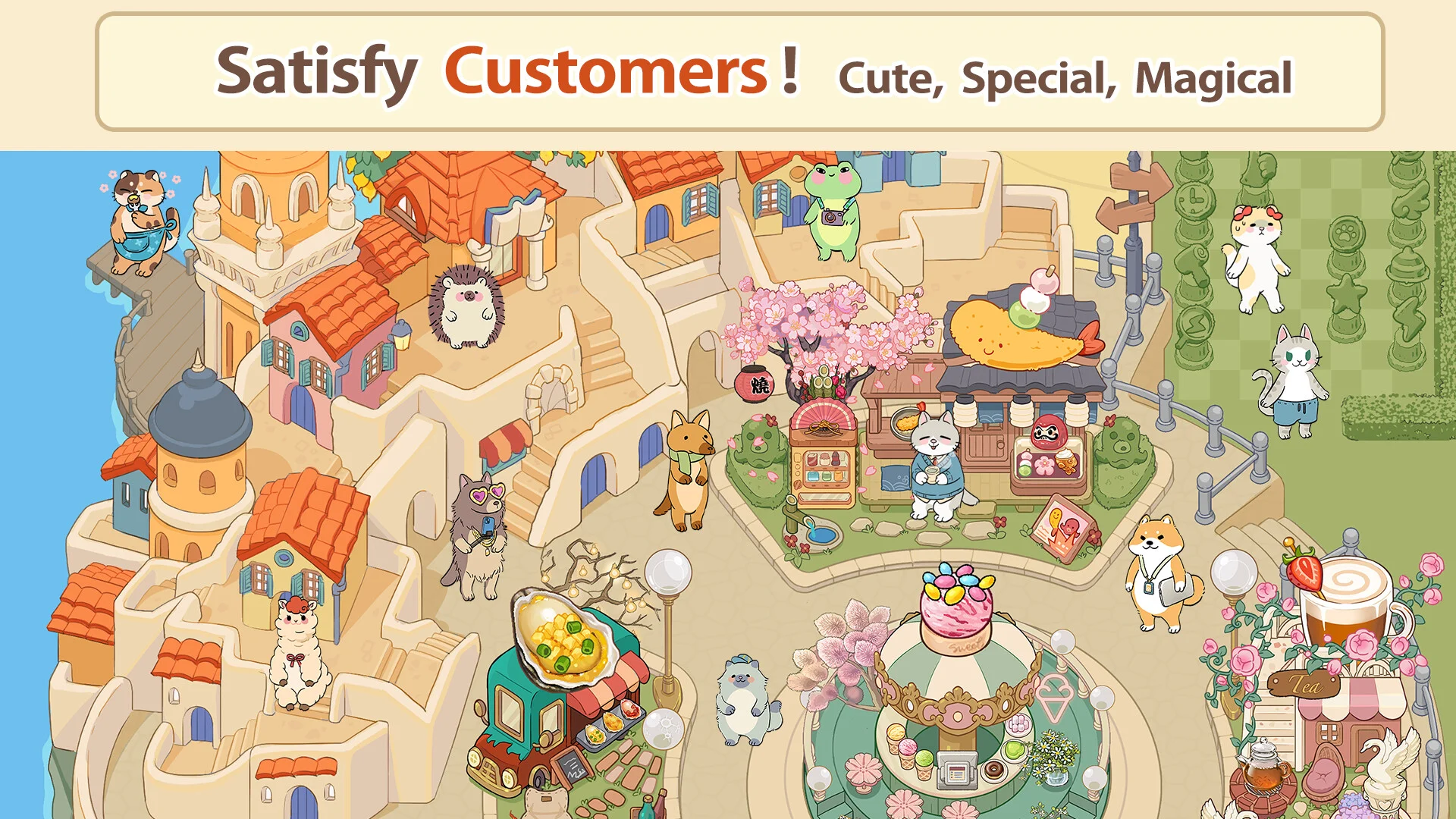 Hillside town of animal customers, Satisfy Customers banner, tempura stall, ice-cream cart and tea shop