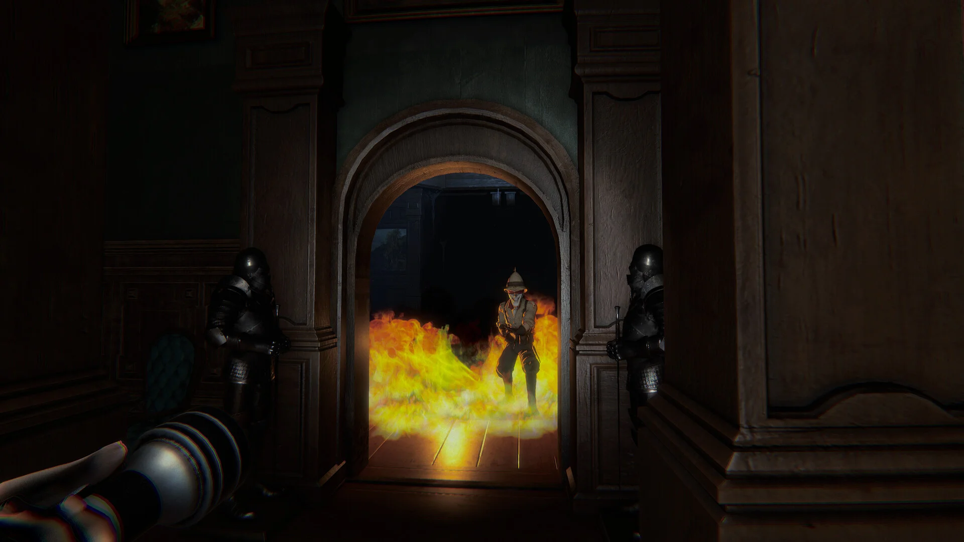 Wooden archway flanked by two standing suits of armour, a fire-ringed figure in a spiked helmet, flashlight in the lower left