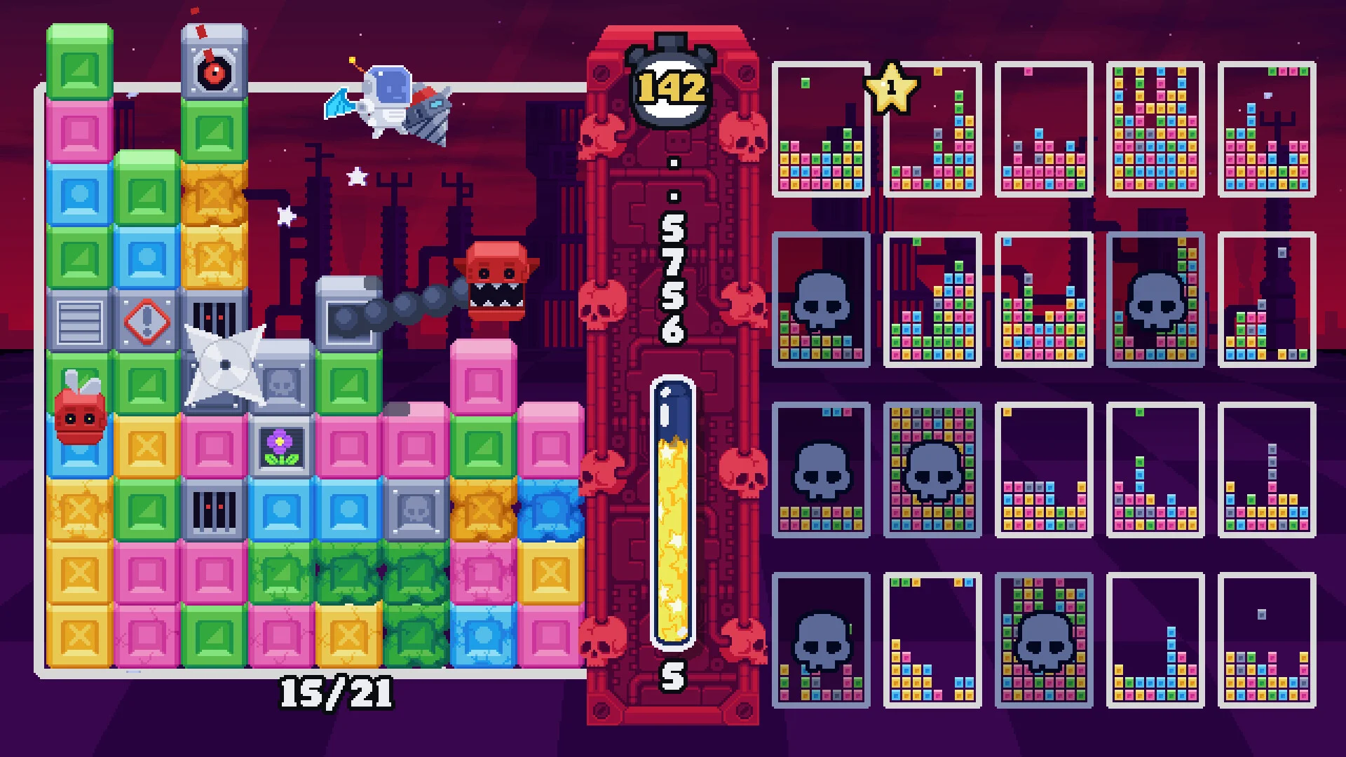 Red skull map: 15/21 stages, timer 142, ninja star and chain enemy among stacked cubes