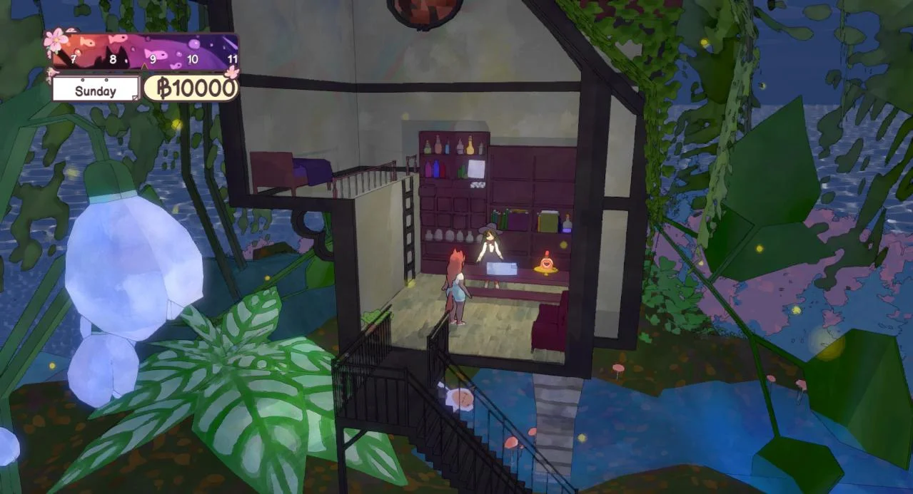Night treehouse room, reddish-haired girl and a mannequin by shelves, glowing white flowers and leaves, Sunsday 100000 on the HUD