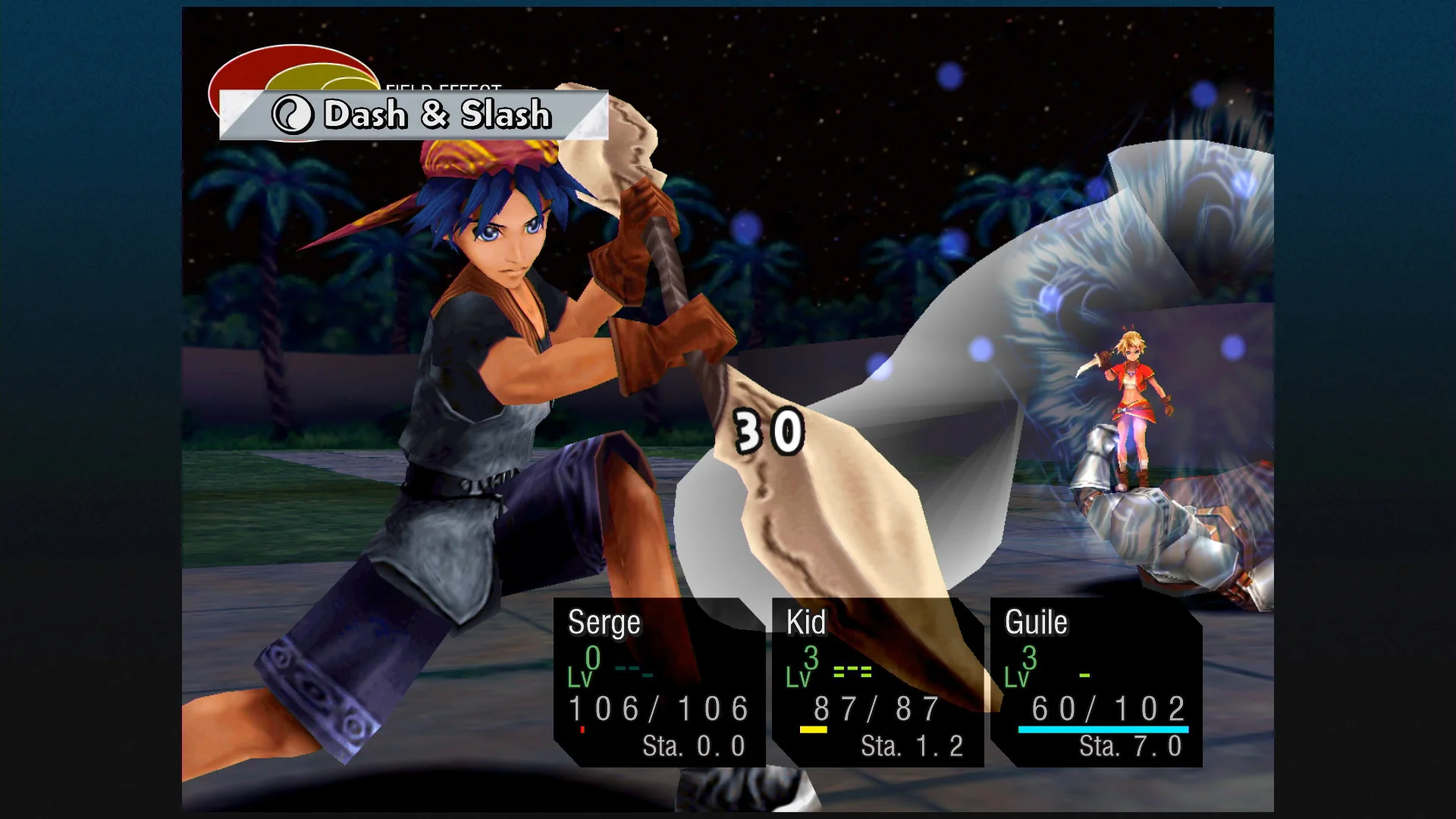 Serge fights a blue creature in a stone arena, with party portraits along the bottom.