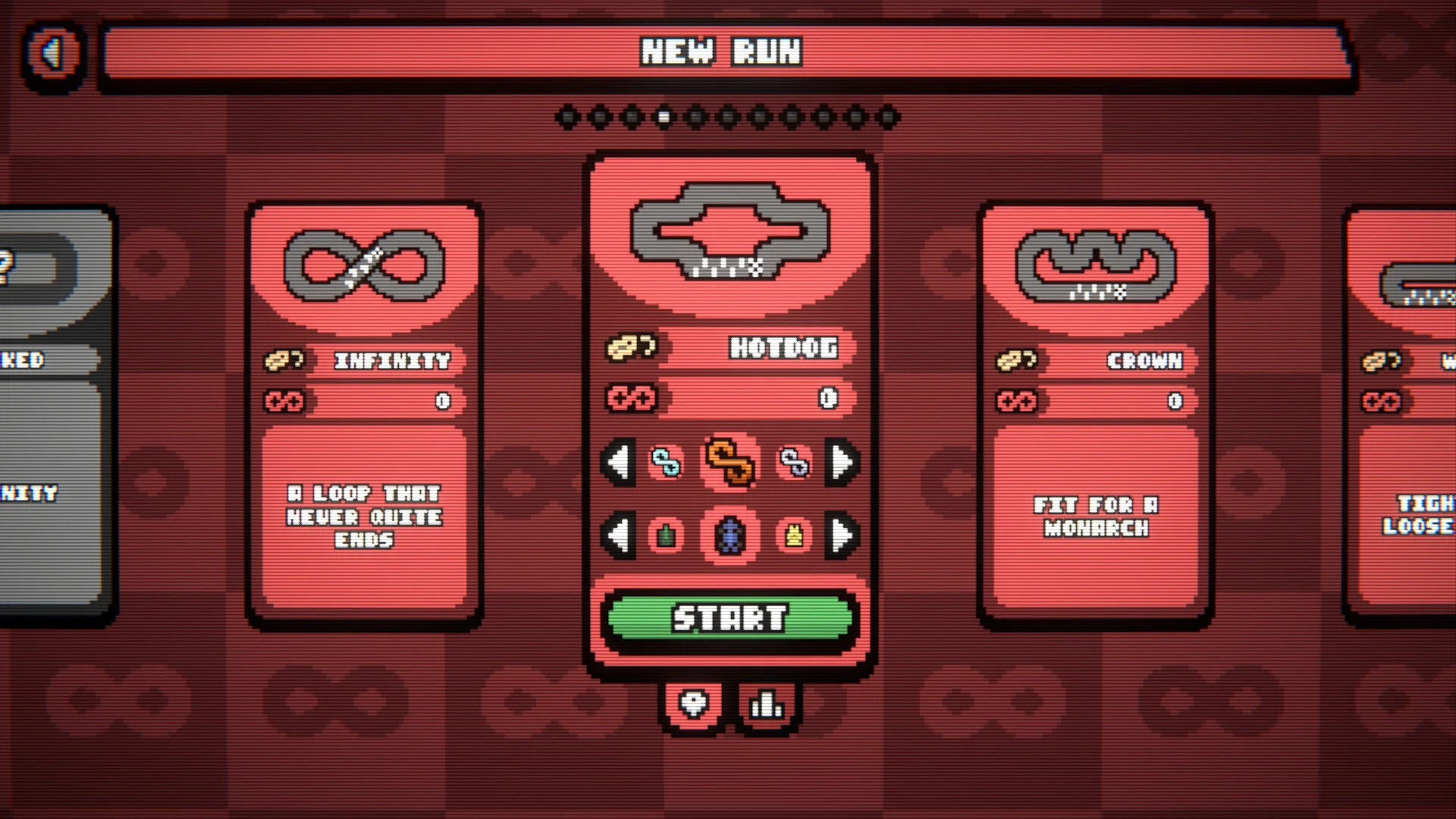 New Run picker: Infinity, Hotdog, Crown tracks, START on Hotdog