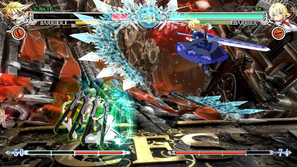 A-No.11 versus Es, huge ice crystal and a green burst, Es in a blue dress with a long sword mid-air, 54 on the clock