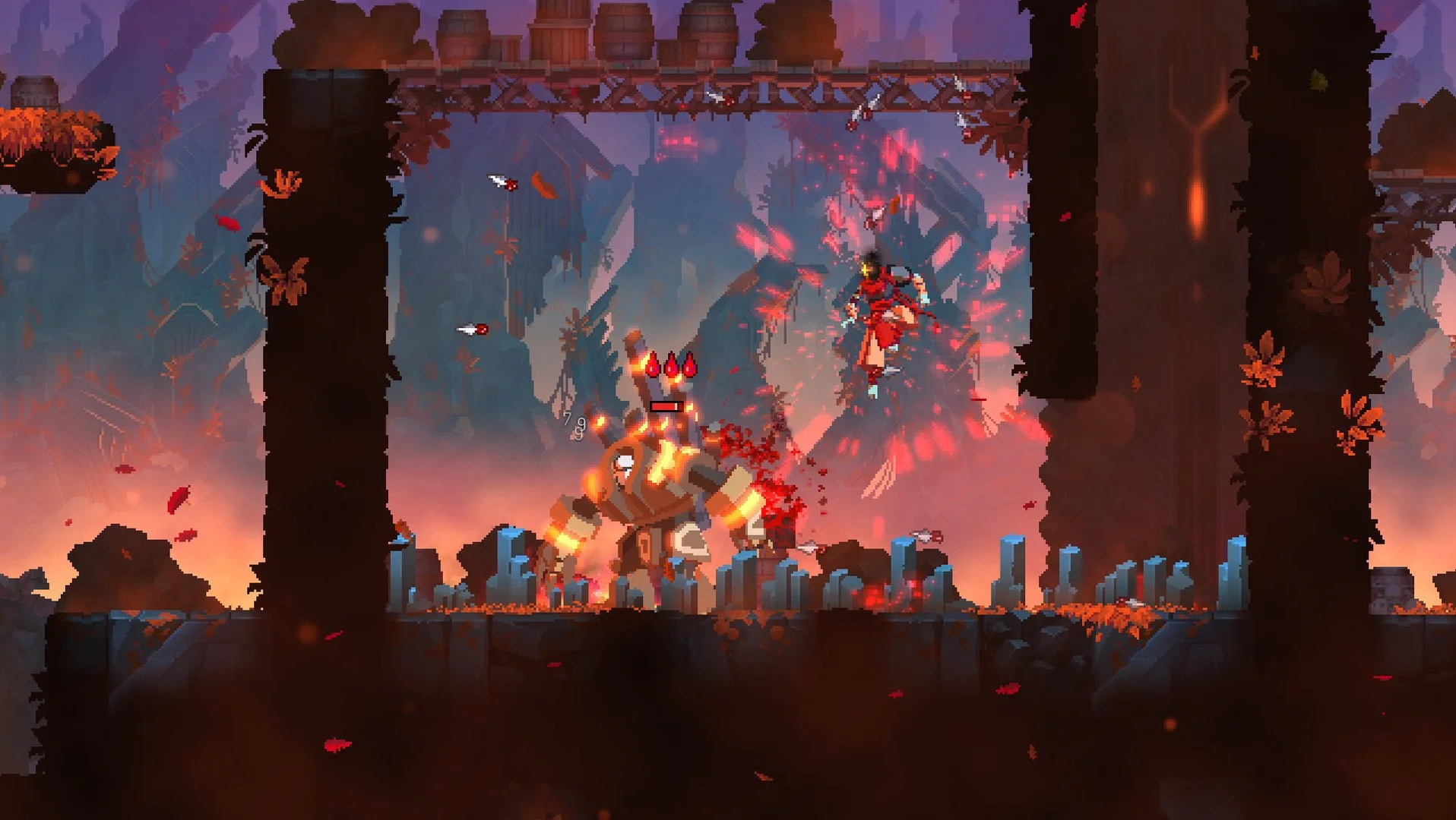 Lava biome: red prisoner leaping over a horned lava golem, barrels on a bridge, blue crystals and falling leaves