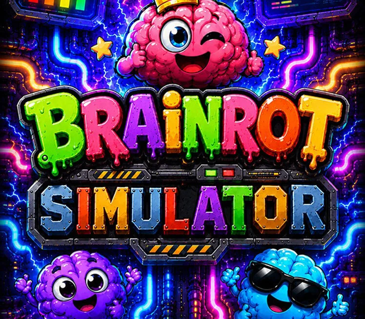 Neon Brainrot Simulator cover, three cartoon brains in purple orange and lime with gold coins