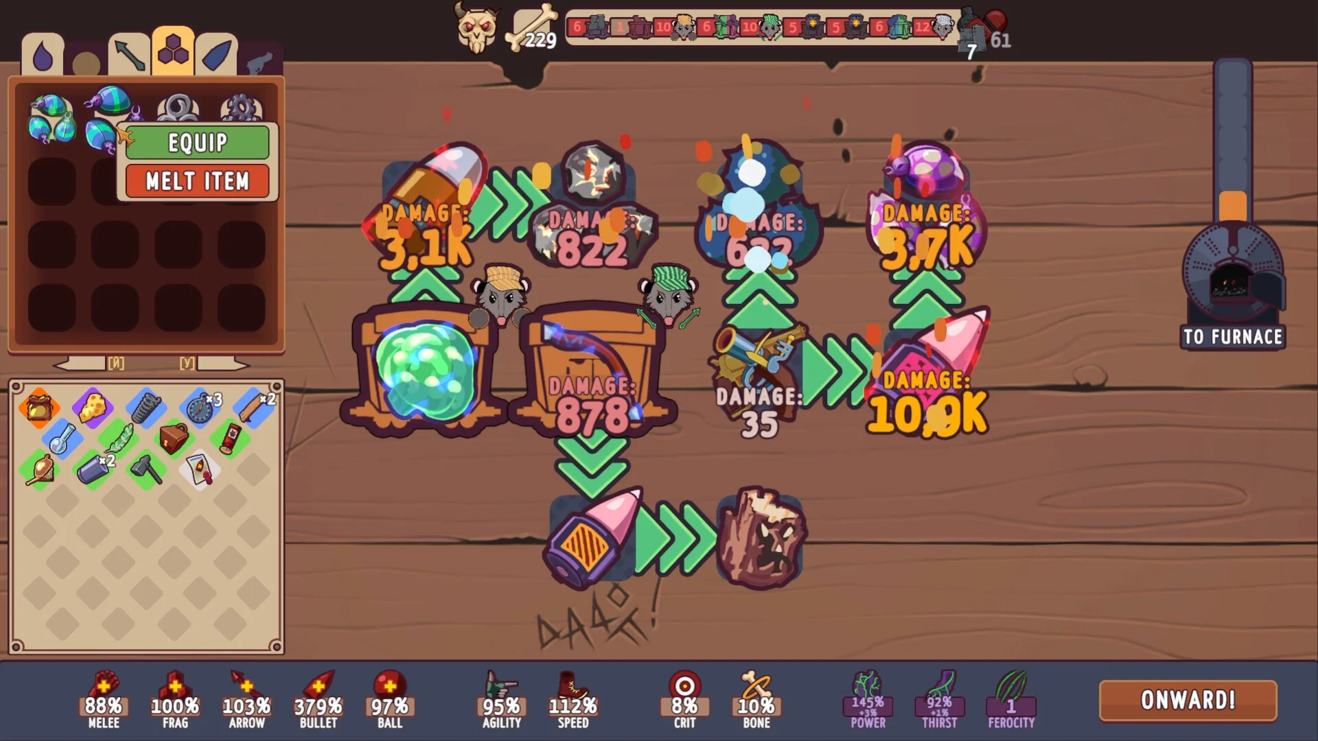 Late weapon board, DAMAGE 3.1K to 10.9K, EQUIP MELT ITEM, 379 percent BULLET, ONWARD and TO FURNACE