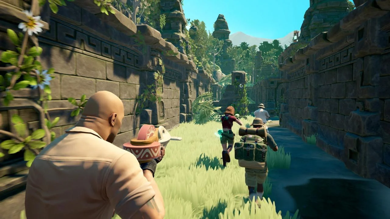 A bald character and a red-haired character in a stone ruin.