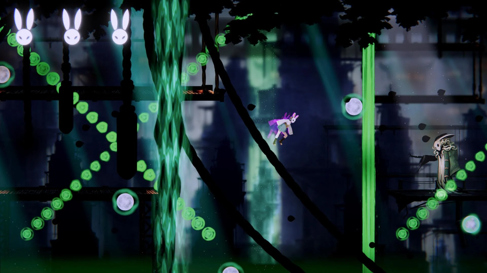 Purple rabbit mid-air in green light, tall masked figure, green orbs on dark stalks, three rabbit HUD icons