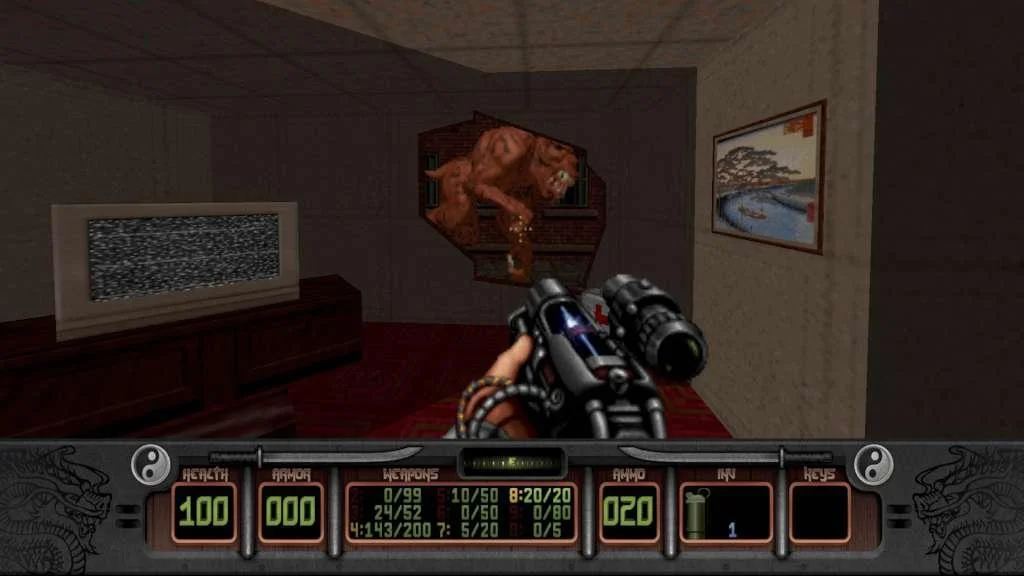 First-person view of a firearm in a room with blood on the wall.