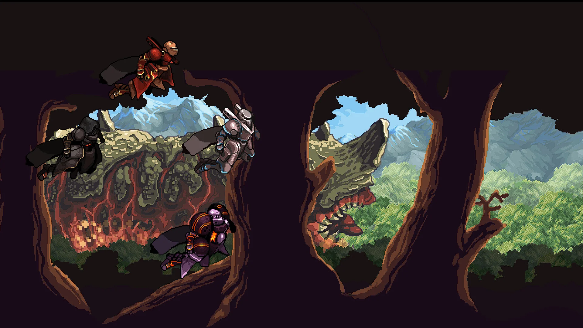 A broken wall opening onto fire on one side and a green landscape on the other