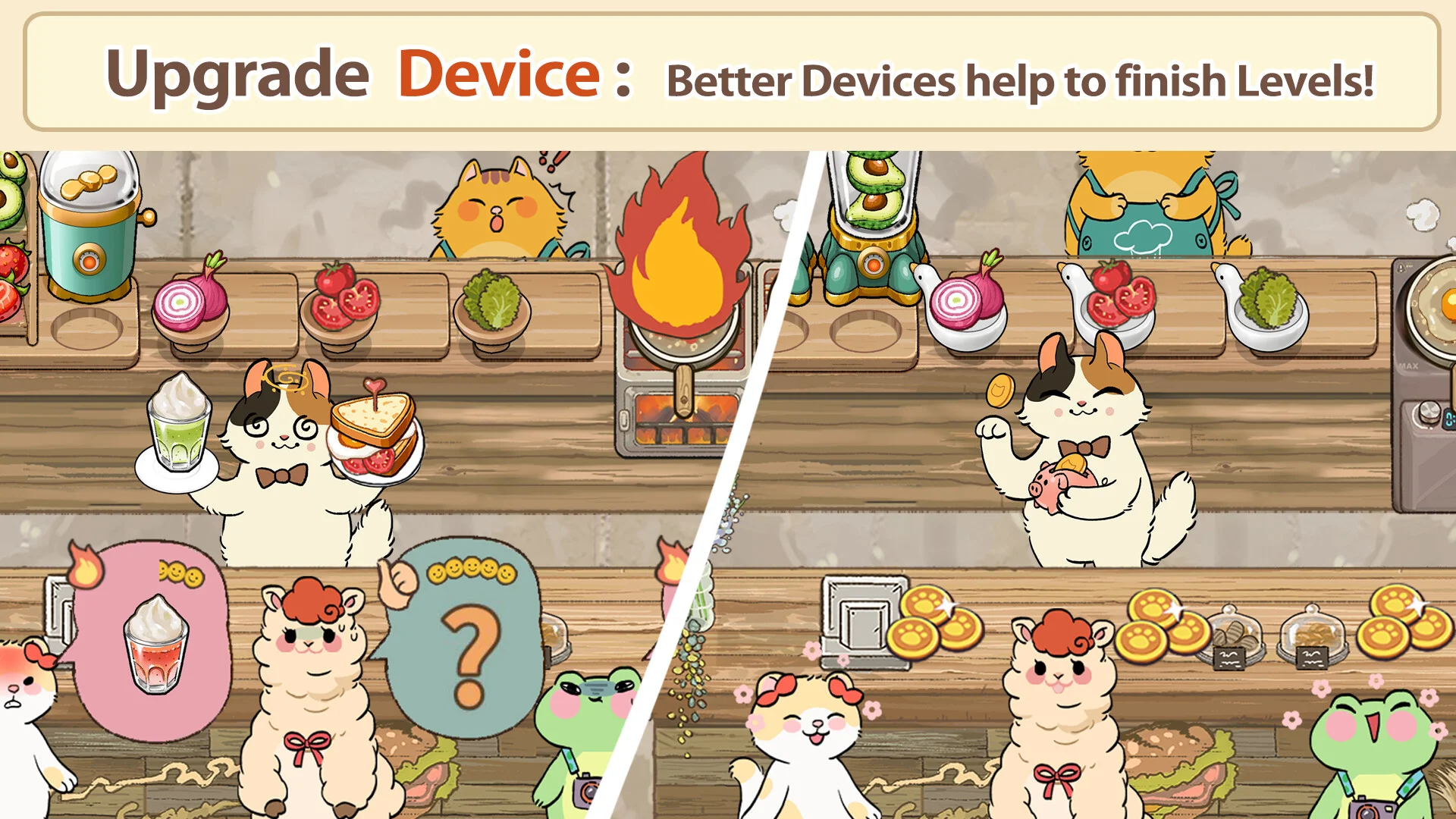 Kitchen counter split, cats serving drinks and sandwiches, blender, grill flame, Upgrade Device banner